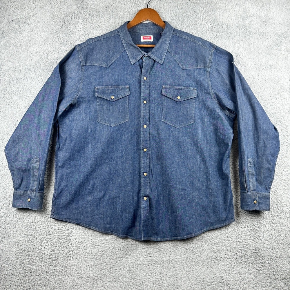 Wrangler Western Shirt Mens 3XL Blue Denim Pearl Snap Long Sleeve Workwear Top